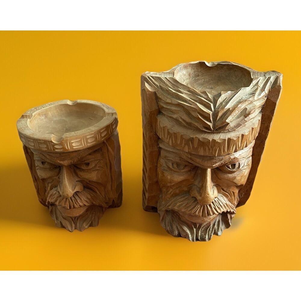 Vintage Hand Carved Wooden Gaucho Male Head Pair Sculpted Folk Art Argentina